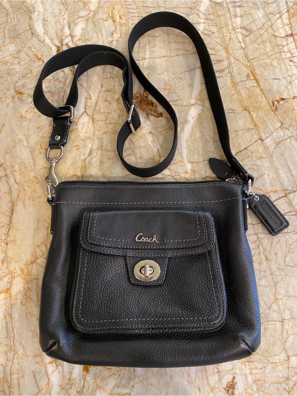 Coach Penelope Swingpack Black Pebbled Leather Crossbody with Front Pocket